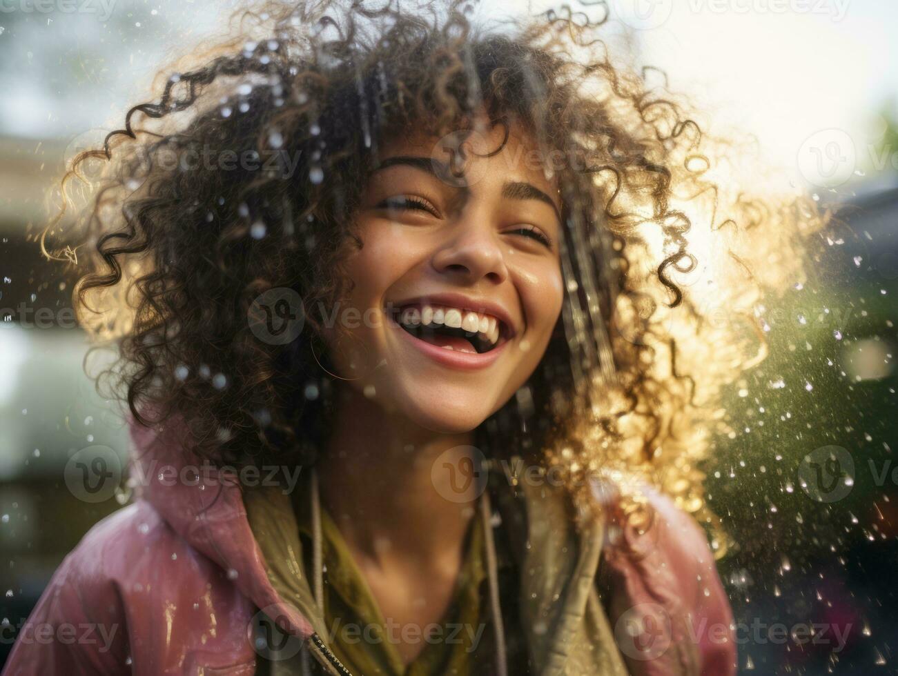 Carefree woman joyfully dances in the refreshing rain AI Generative photo