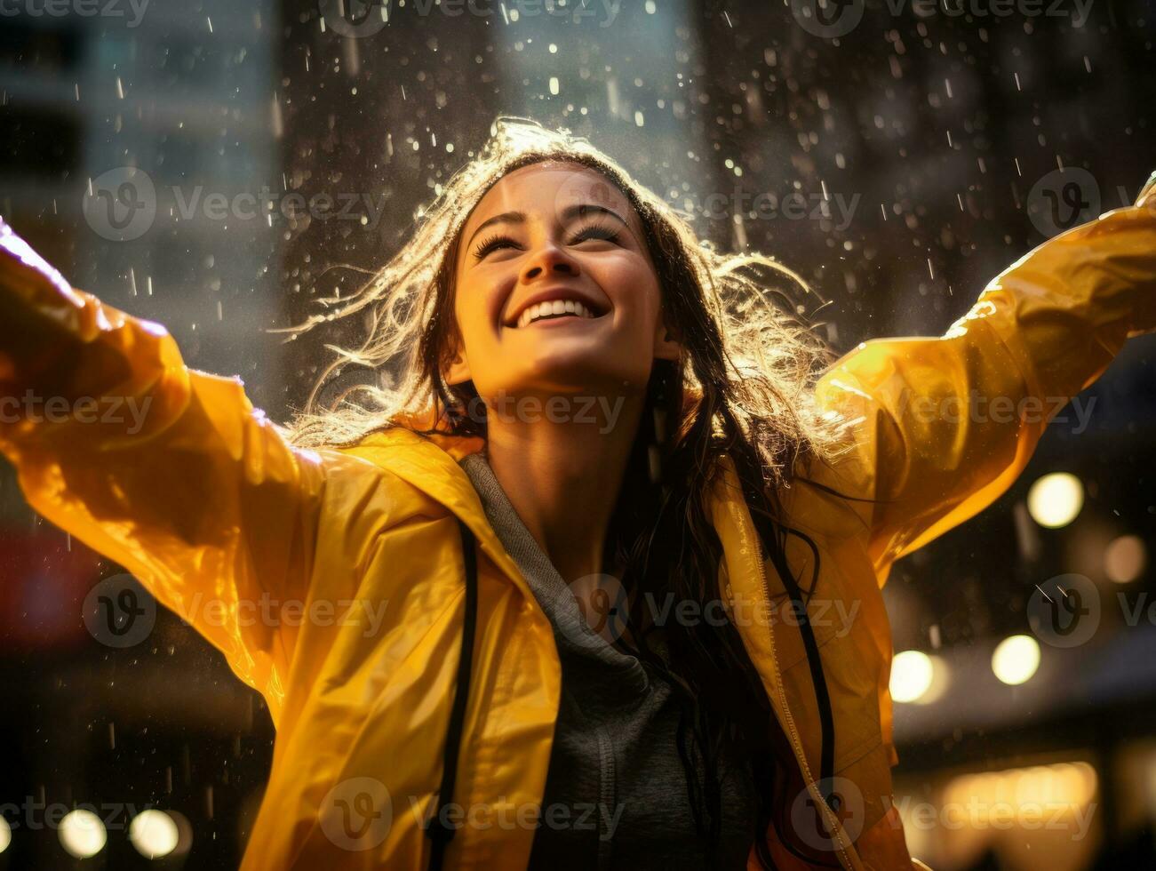 Carefree woman joyfully dances in the refreshing rain AI Generative photo
