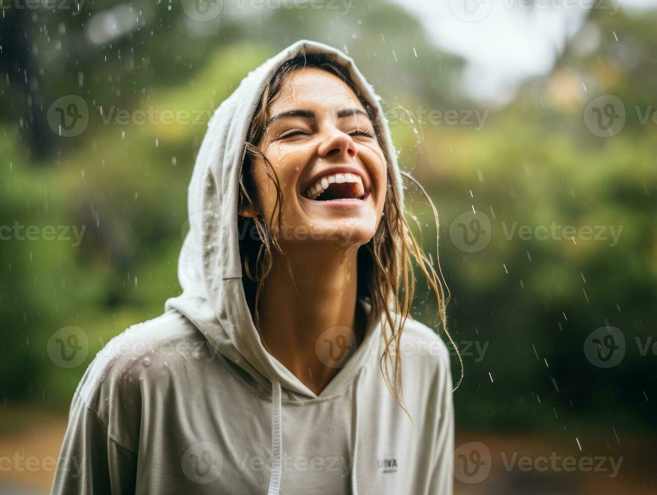 Carefree woman joyfully dances in the refreshing rain AI Generative photo