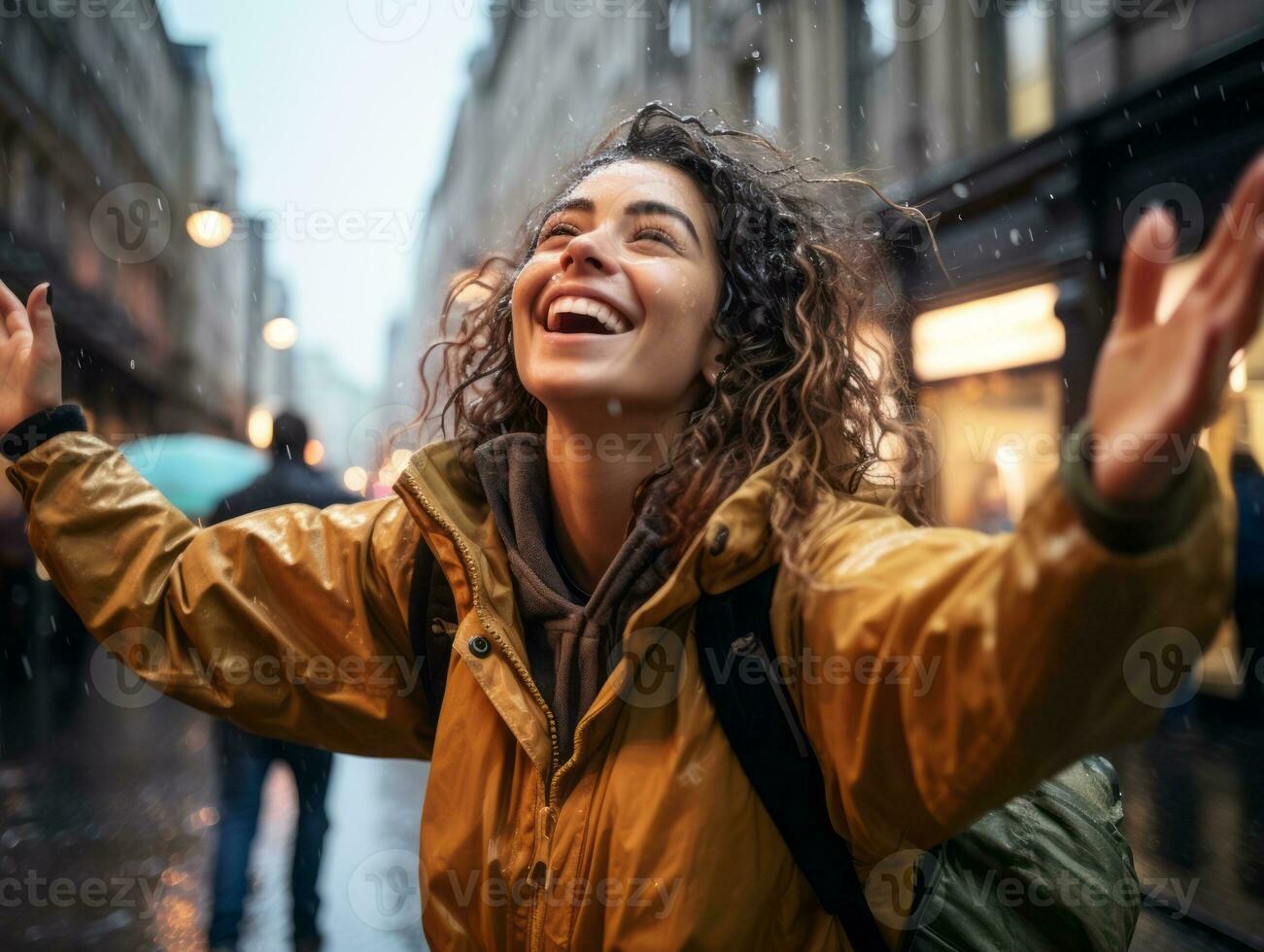 Carefree woman joyfully dances in the refreshing rain AI Generative photo