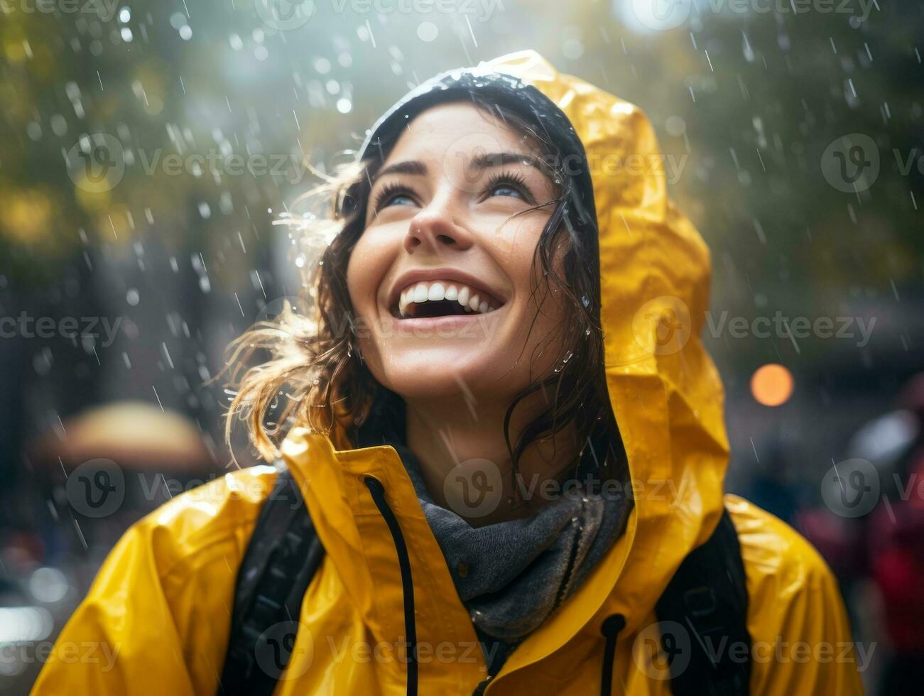 Carefree woman joyfully dances in the refreshing rain AI Generative photo