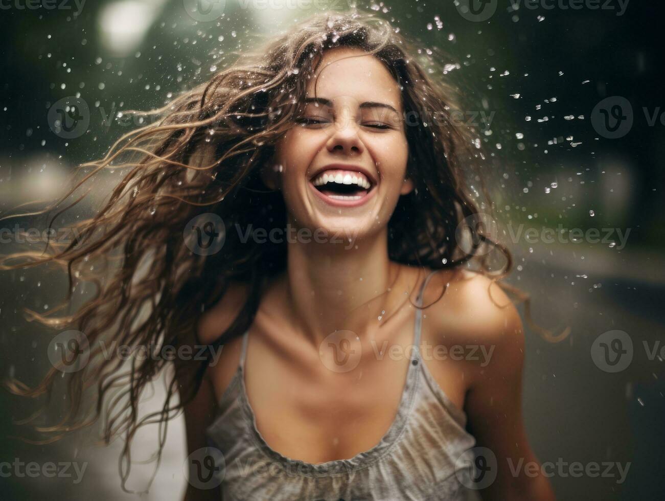Carefree woman joyfully dances in the refreshing rain AI Generative photo