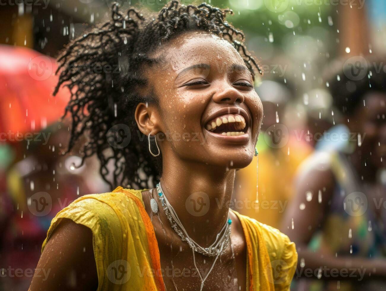 Carefree woman joyfully dances in the refreshing rain AI Generative photo