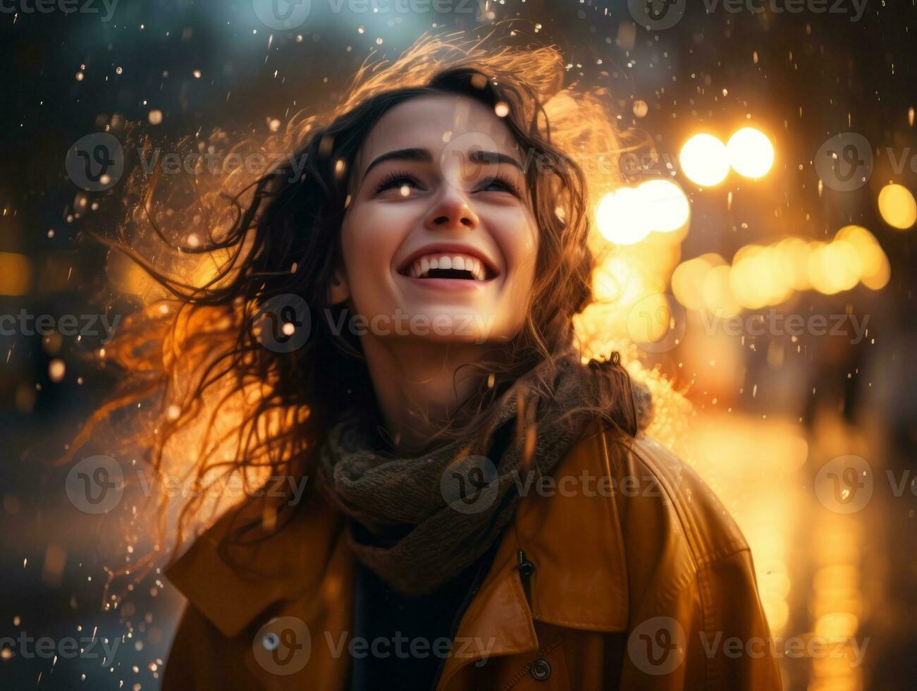 Carefree woman joyfully dances in the refreshing rain AI Generative photo