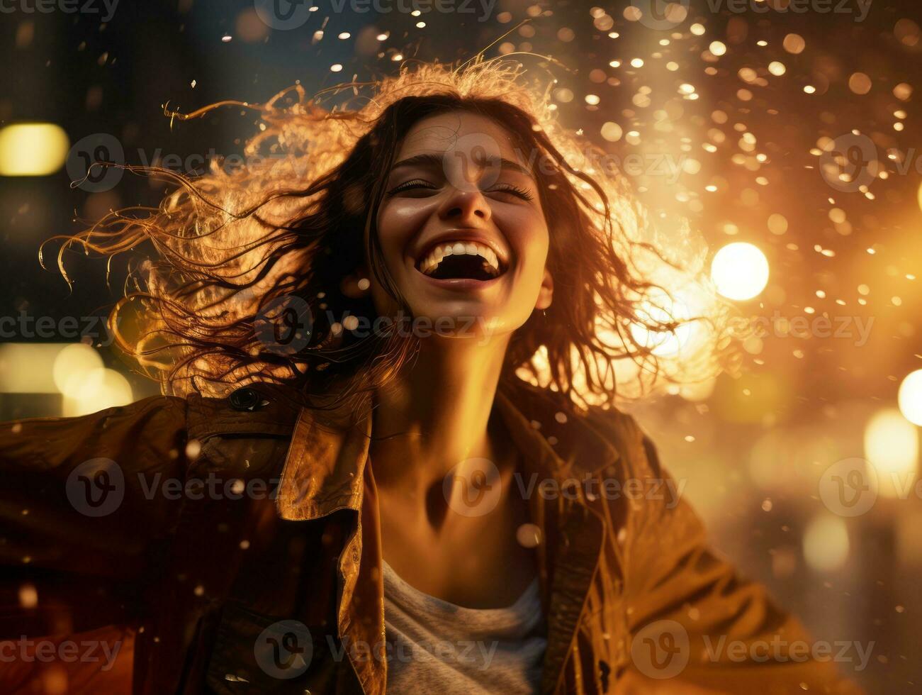 Carefree woman joyfully dances in the refreshing rain AI Generative photo