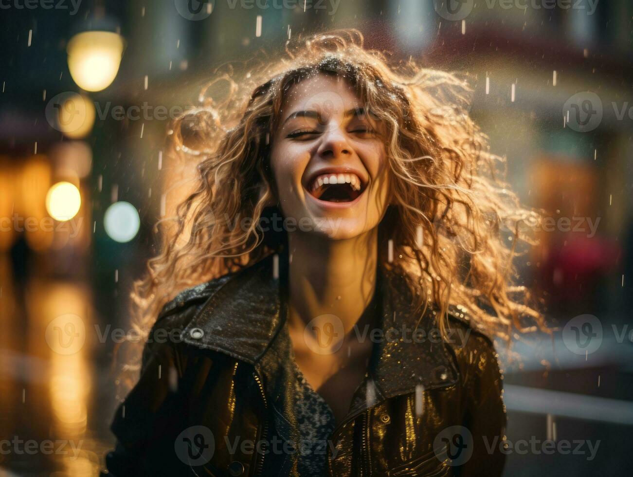 Carefree woman joyfully dances in the refreshing rain AI Generative photo