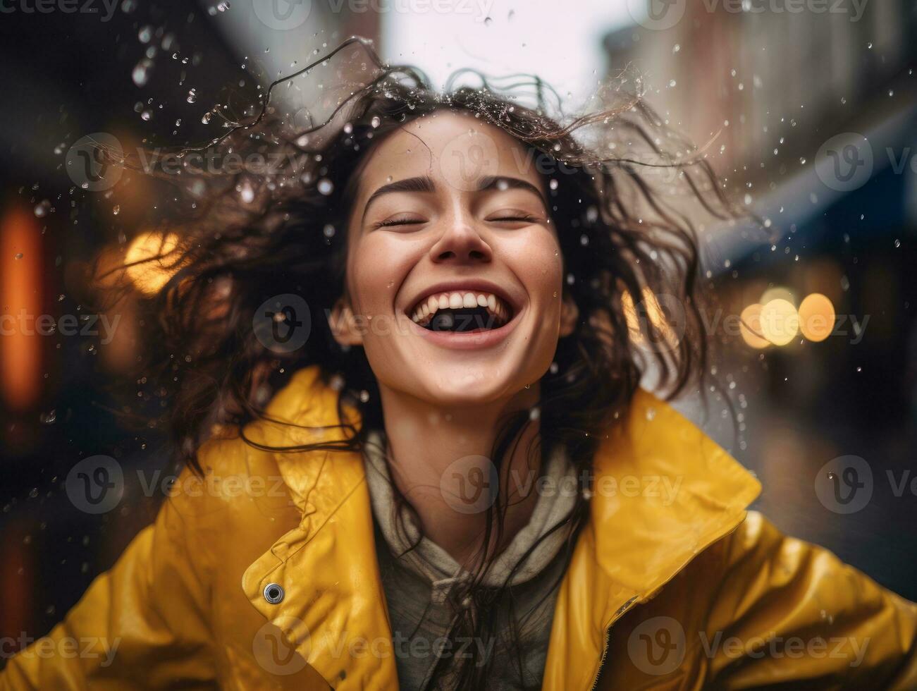 Carefree woman joyfully dances in the refreshing rain AI Generative photo