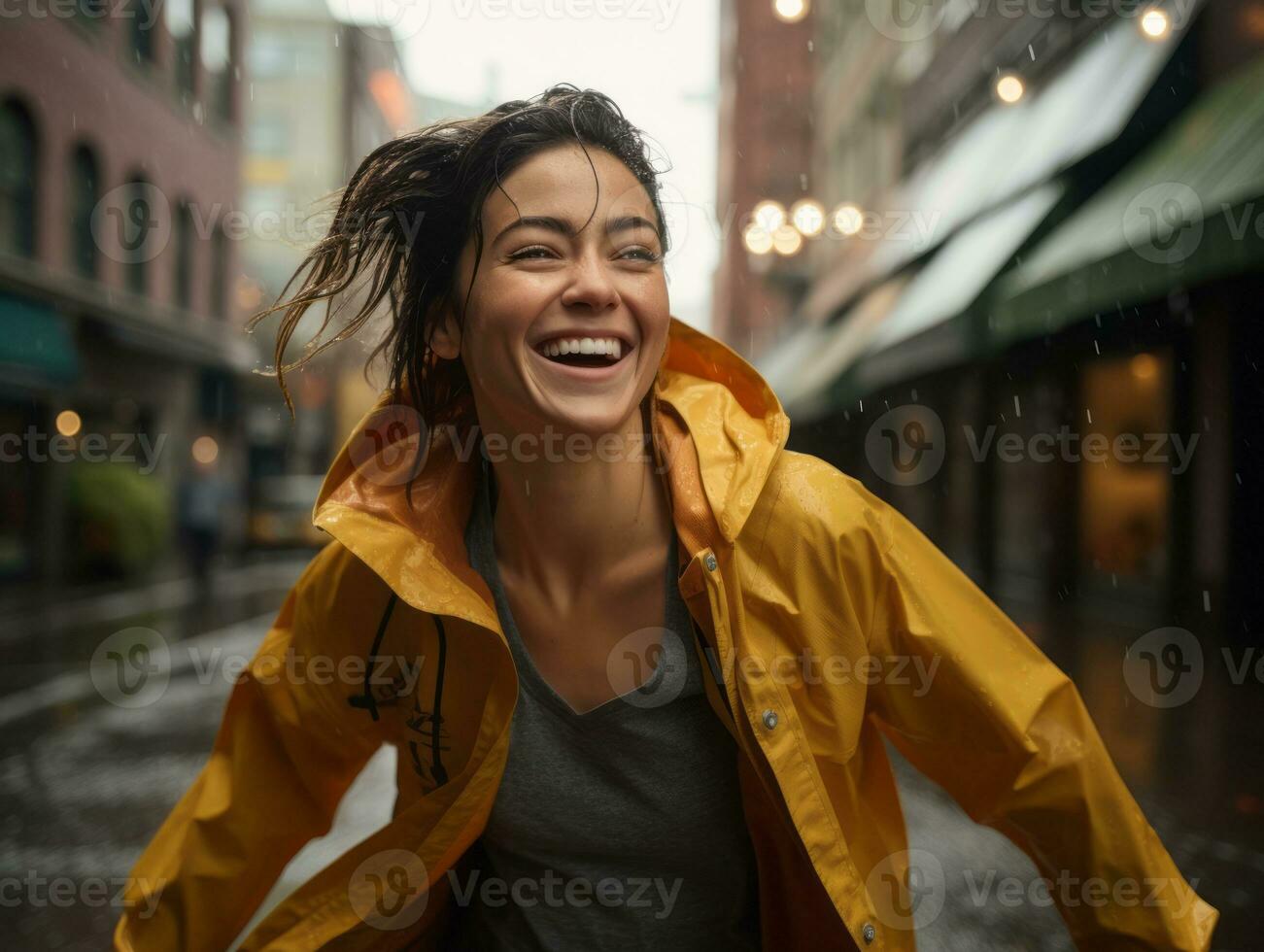 Carefree woman joyfully dances in the refreshing rain AI Generative photo