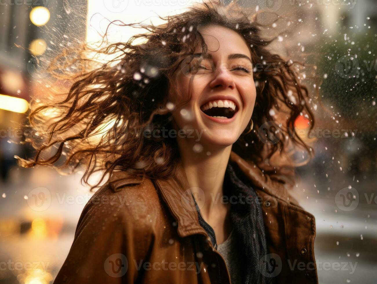 Carefree woman joyfully dances in the refreshing rain AI Generative photo