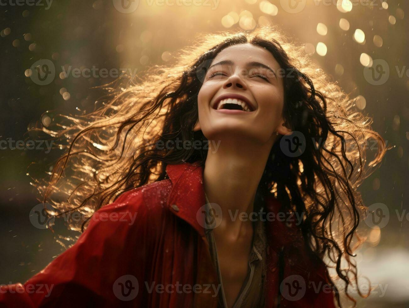 Carefree woman joyfully dances in the refreshing rain AI Generative photo