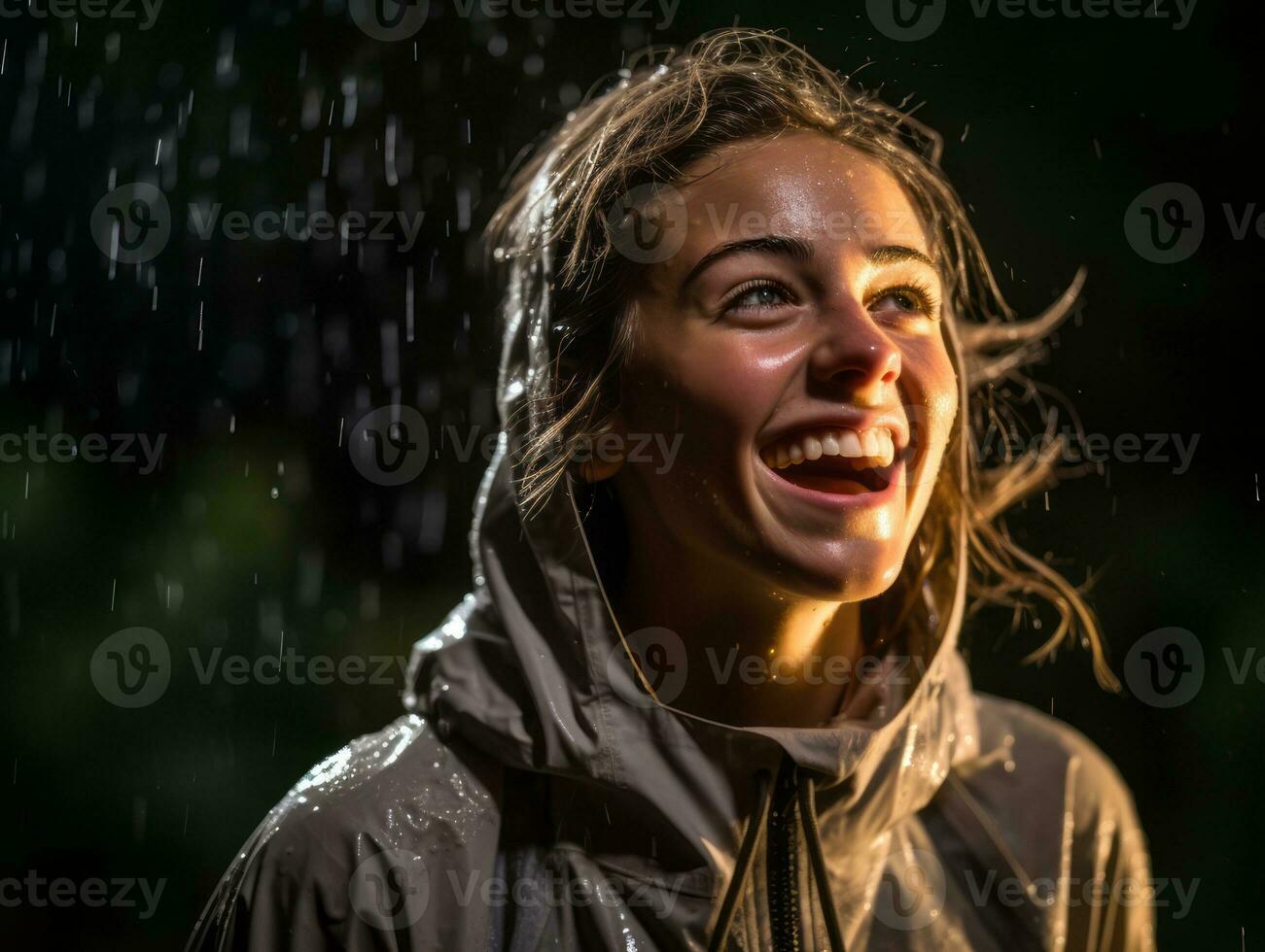 Carefree woman joyfully dances in the refreshing rain AI Generative photo