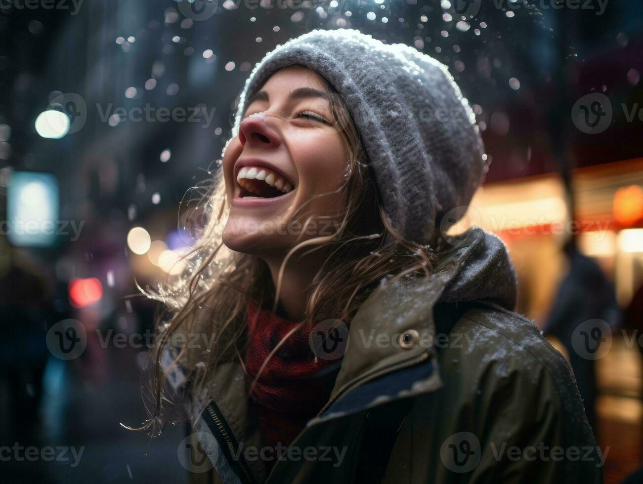 Carefree woman joyfully dances in the refreshing rain AI Generative photo