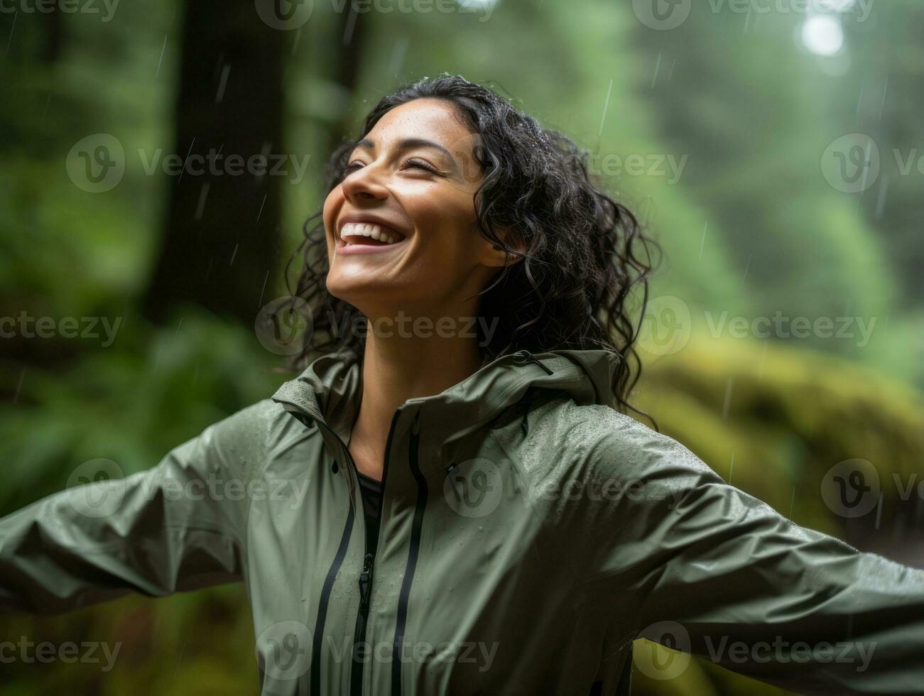 Carefree woman joyfully dances in the refreshing rain AI Generative photo