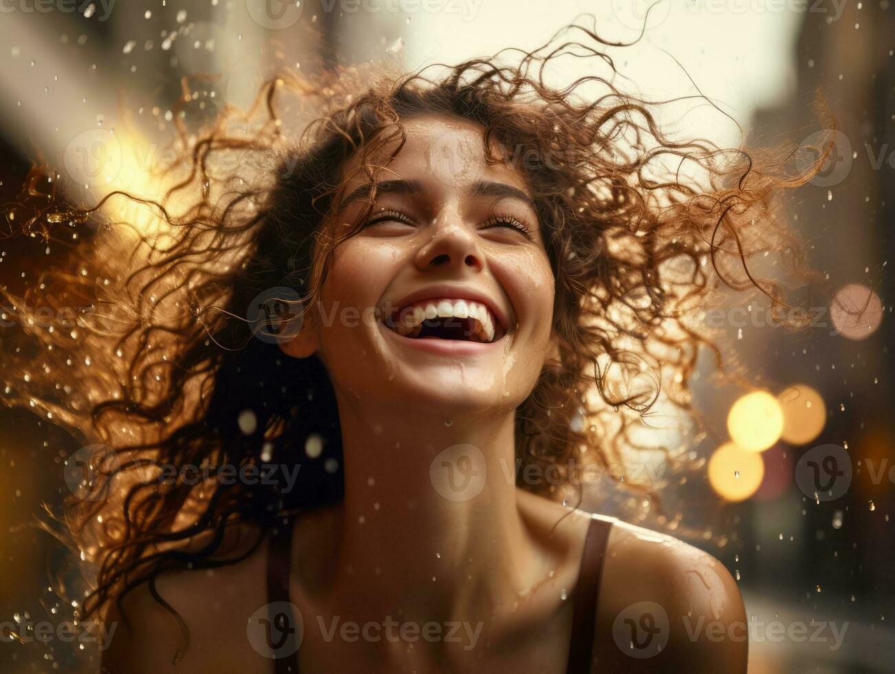 Carefree woman joyfully dances in the refreshing rain AI Generative photo