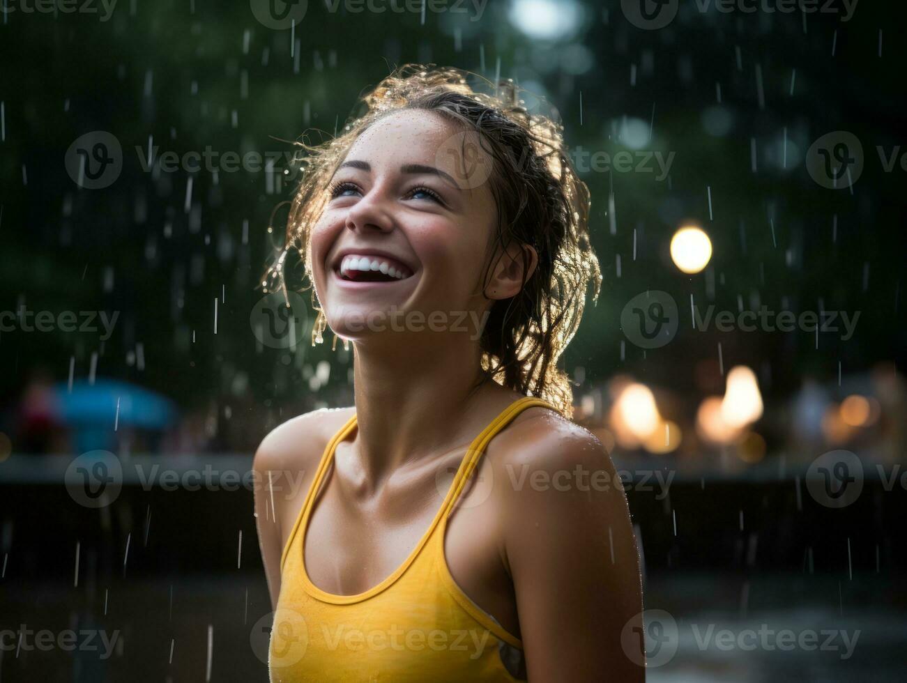 Carefree woman joyfully dances in the refreshing rain AI Generative photo