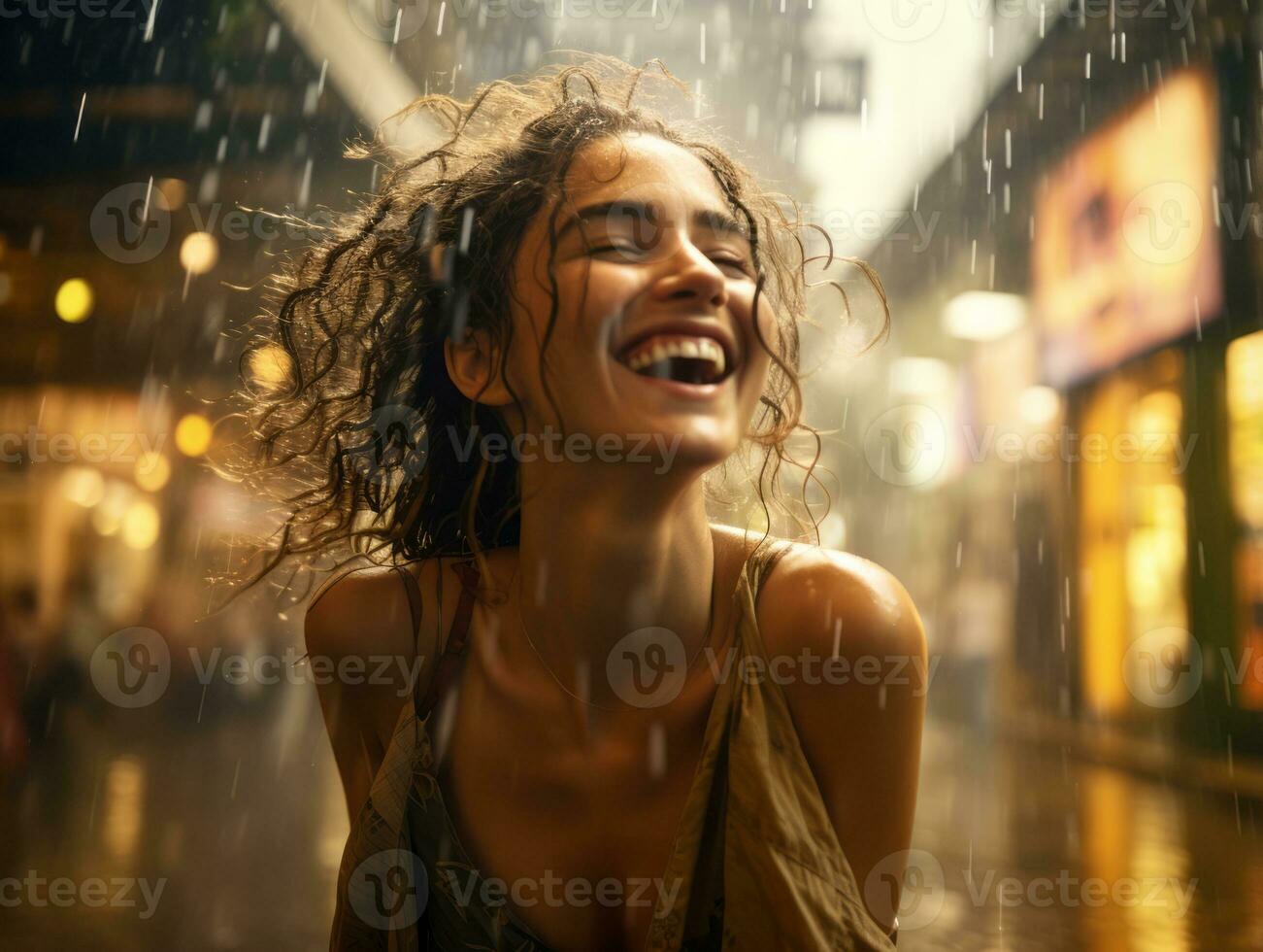 Carefree woman joyfully dances in the refreshing rain AI Generative photo