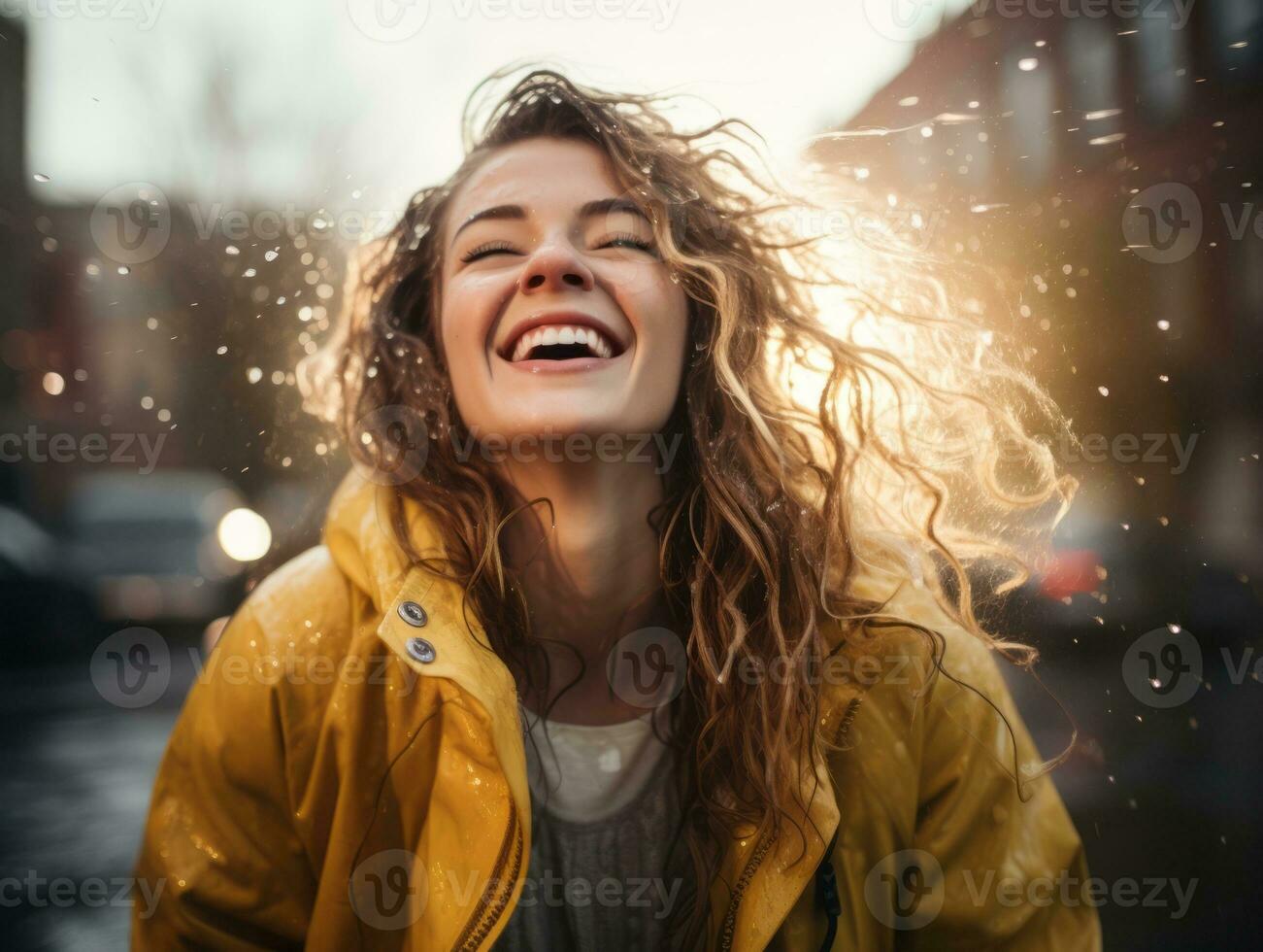 Carefree woman joyfully dances in the refreshing rain AI Generative photo