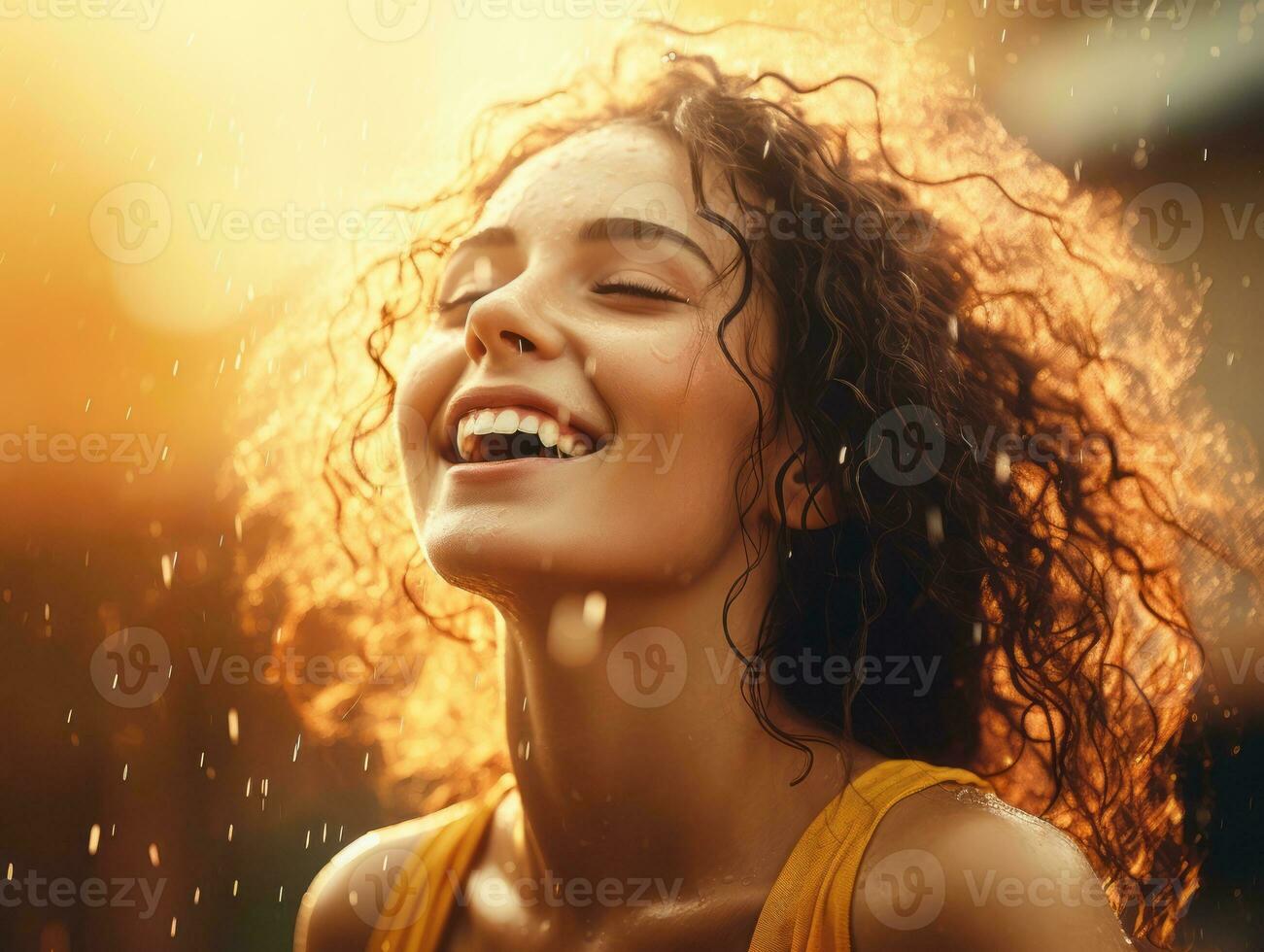 Carefree woman joyfully dances in the refreshing rain AI Generative photo