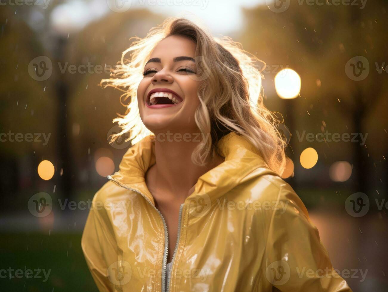 Carefree woman joyfully dances in the refreshing rain AI Generative photo