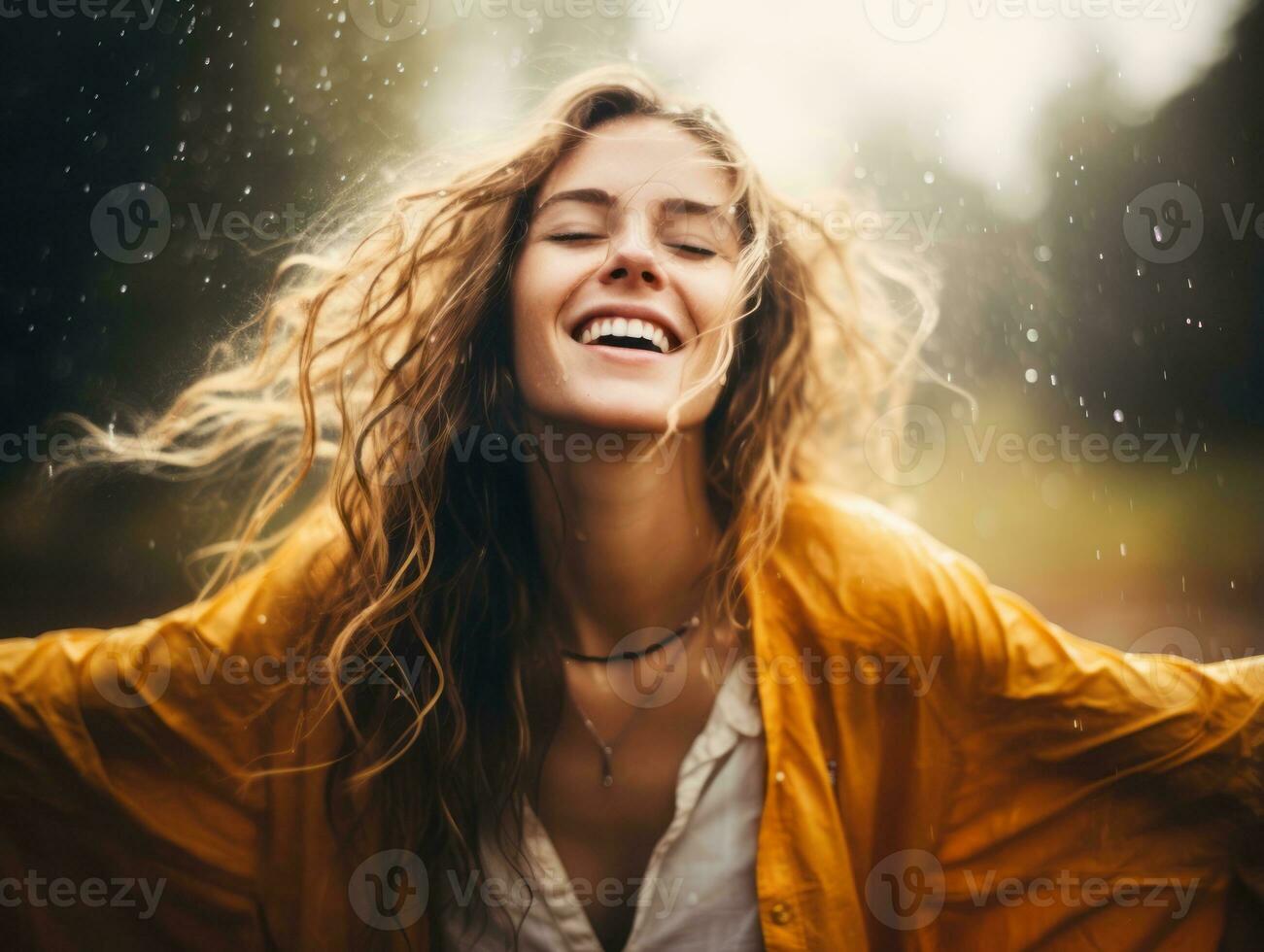 Carefree woman joyfully dances in the refreshing rain AI Generative photo