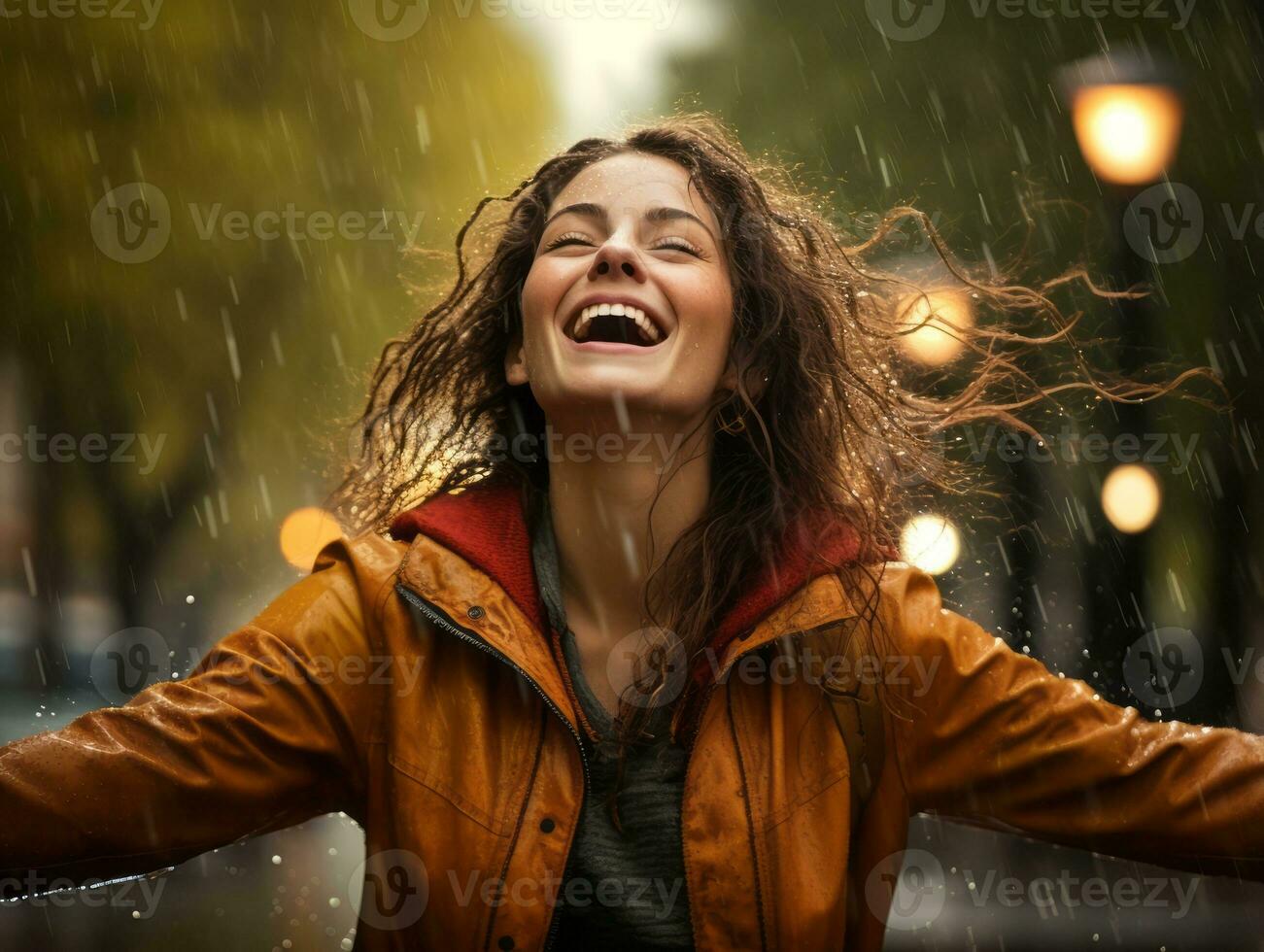 Carefree woman joyfully dances in the refreshing rain AI Generative photo