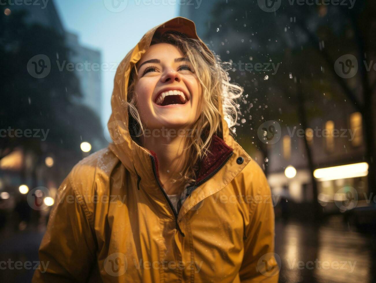 Carefree woman joyfully dances in the refreshing rain AI Generative photo