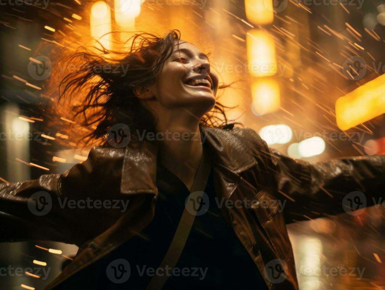 Carefree woman joyfully dances in the refreshing rain AI Generative photo