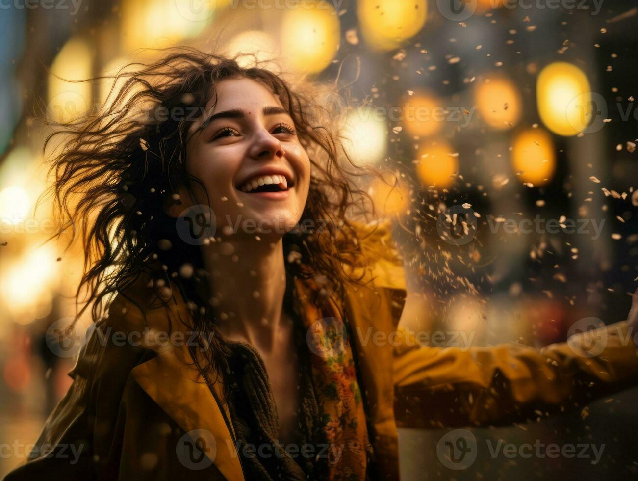 Carefree woman joyfully dances in the refreshing rain AI Generative photo