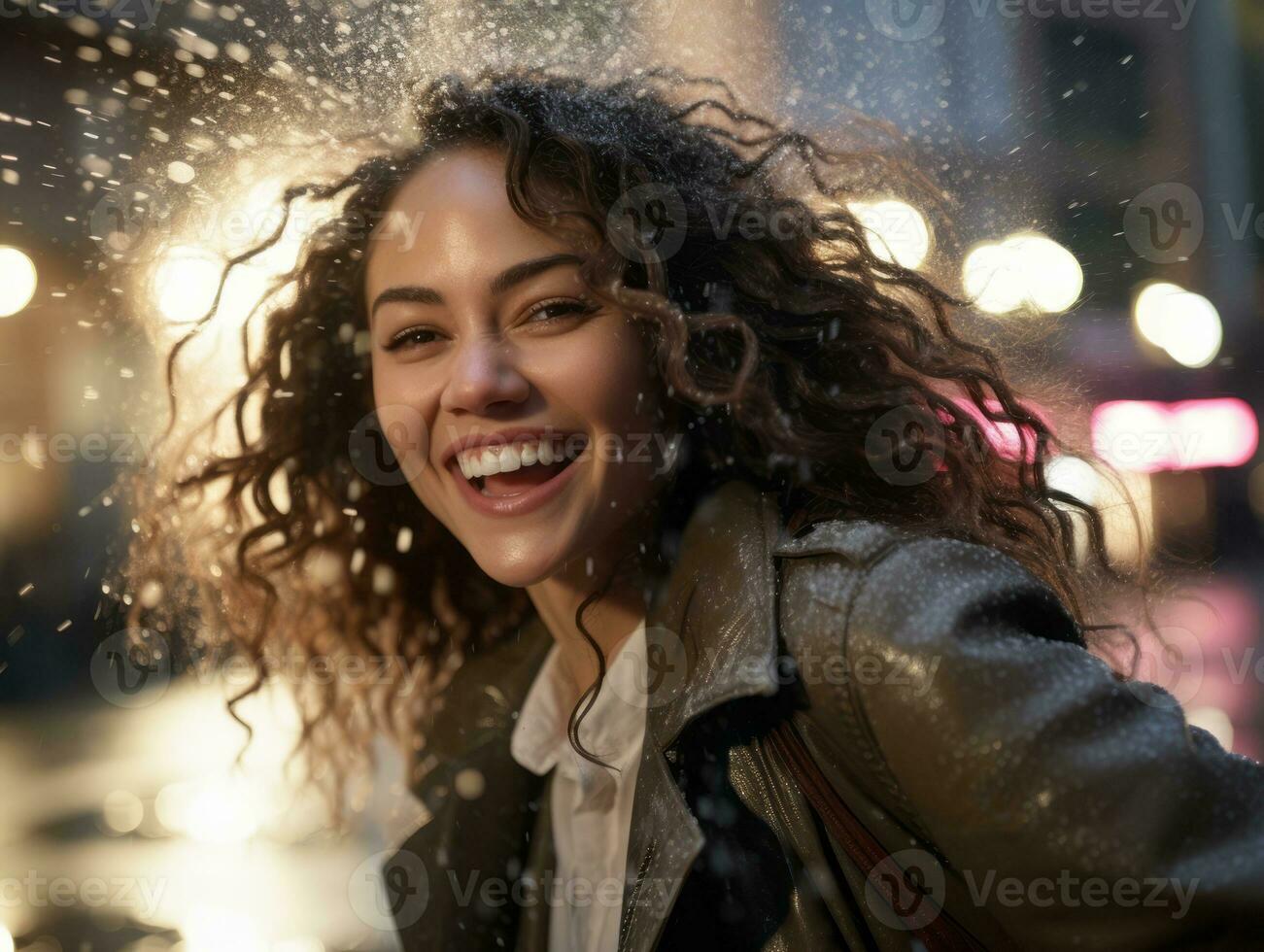 Carefree woman joyfully dances in the refreshing rain AI Generative photo