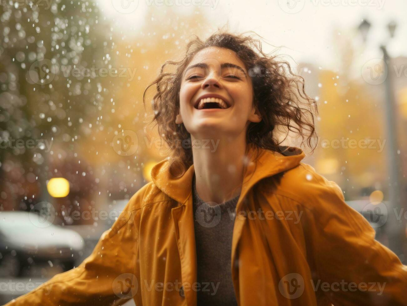 Carefree woman joyfully dances in the refreshing rain AI Generative photo