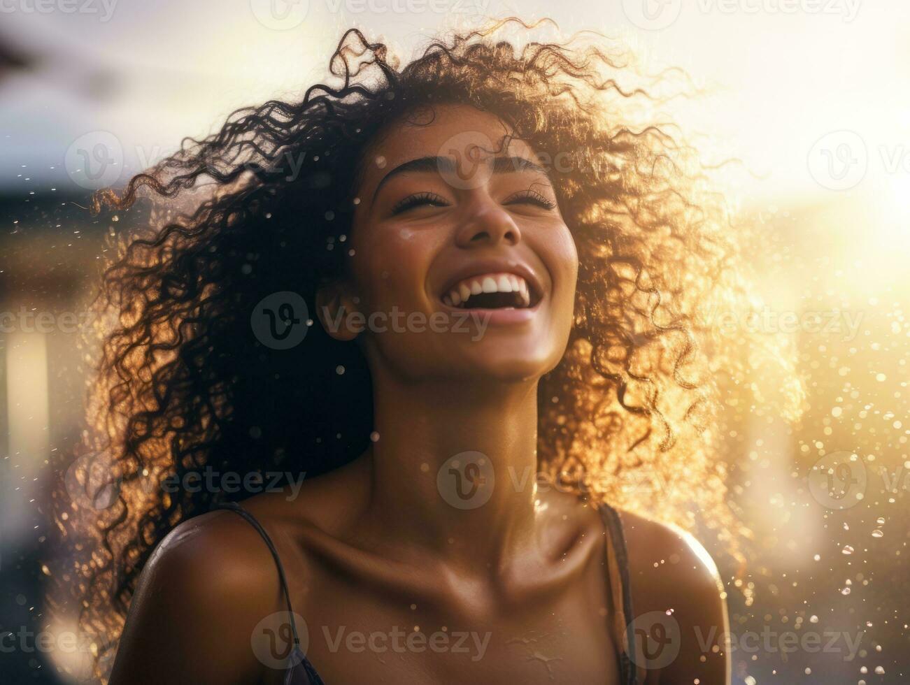 Carefree woman joyfully dances in the refreshing rain AI Generative photo