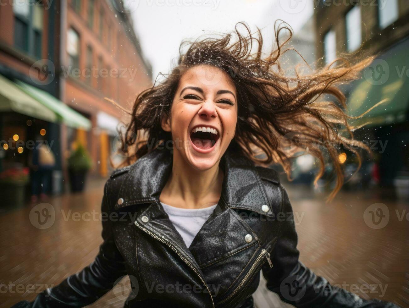 Carefree woman joyfully dances in the refreshing rain AI Generative photo