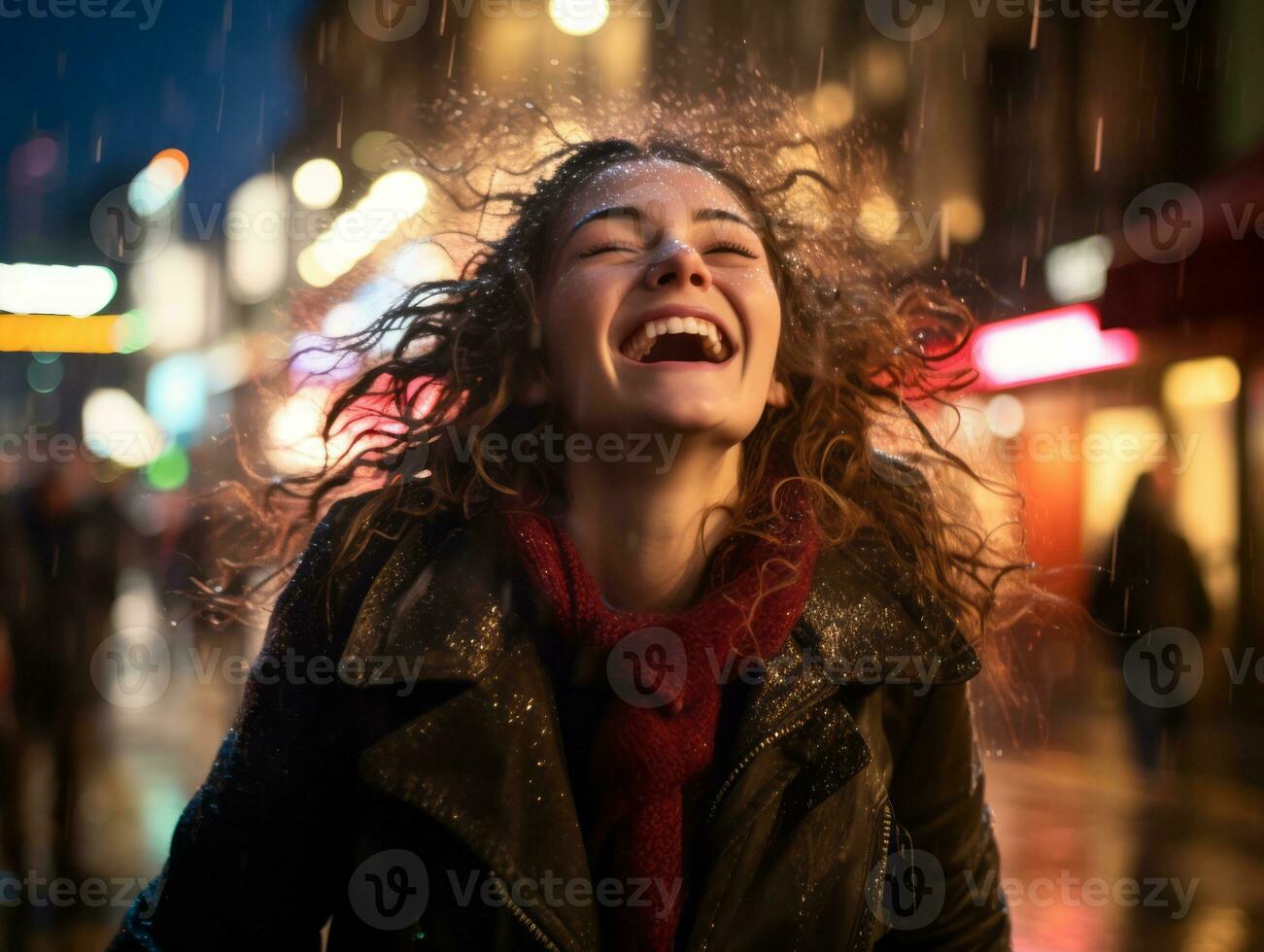Carefree woman joyfully dances in the refreshing rain AI Generative photo