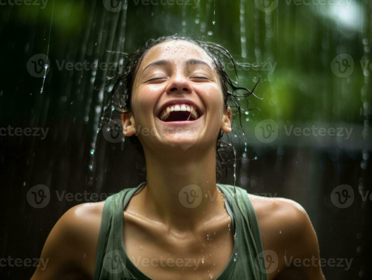 Carefree woman joyfully dances in the refreshing rain AI Generative photo