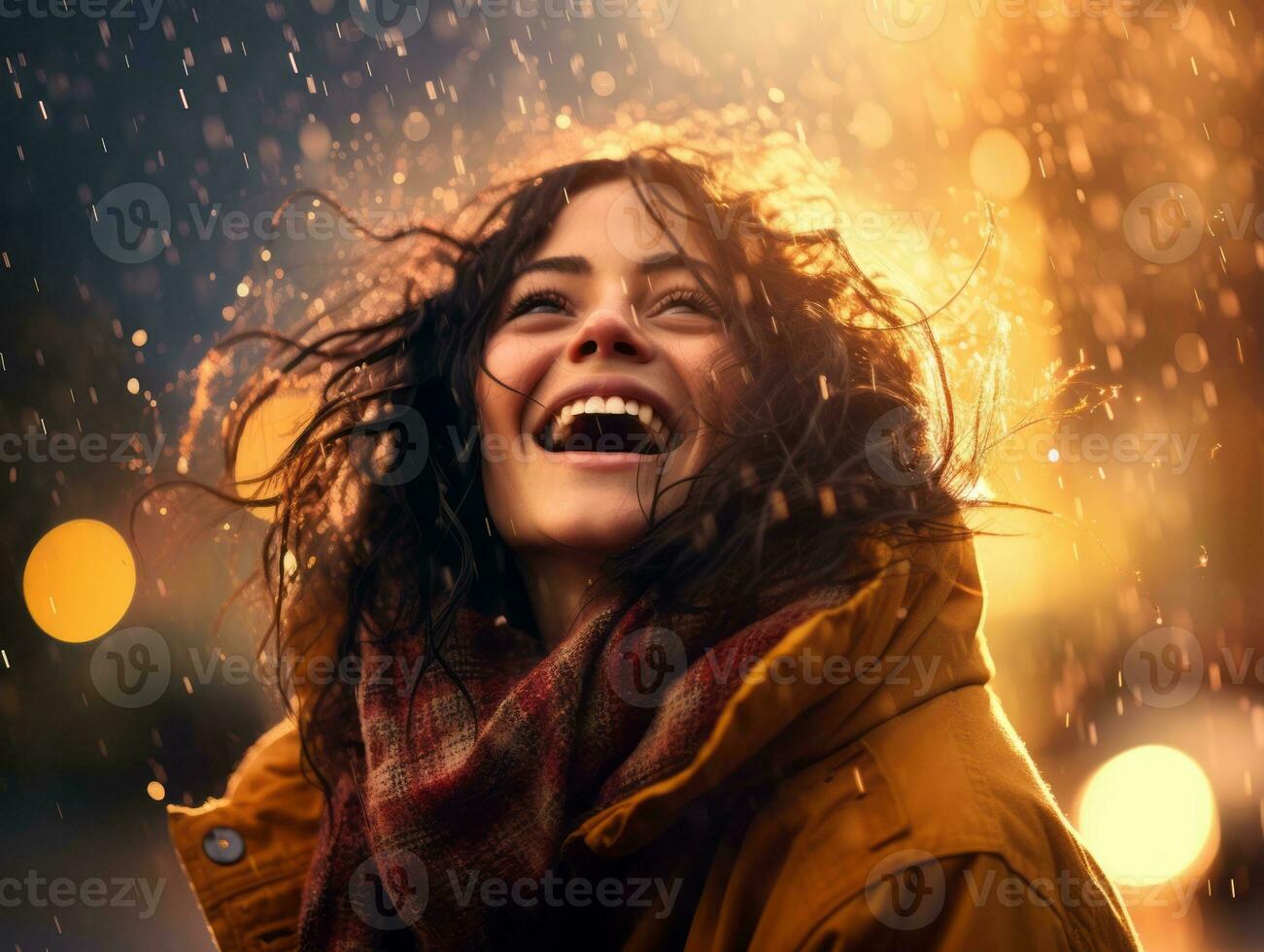 Carefree woman joyfully dances in the refreshing rain AI Generative photo