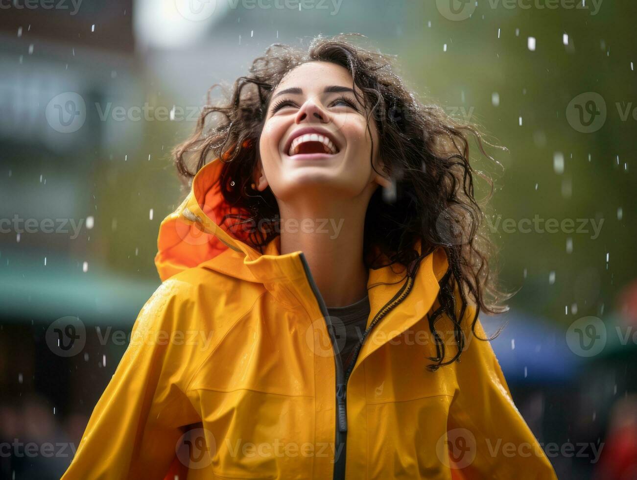 Carefree woman joyfully dances in the refreshing rain AI Generative photo