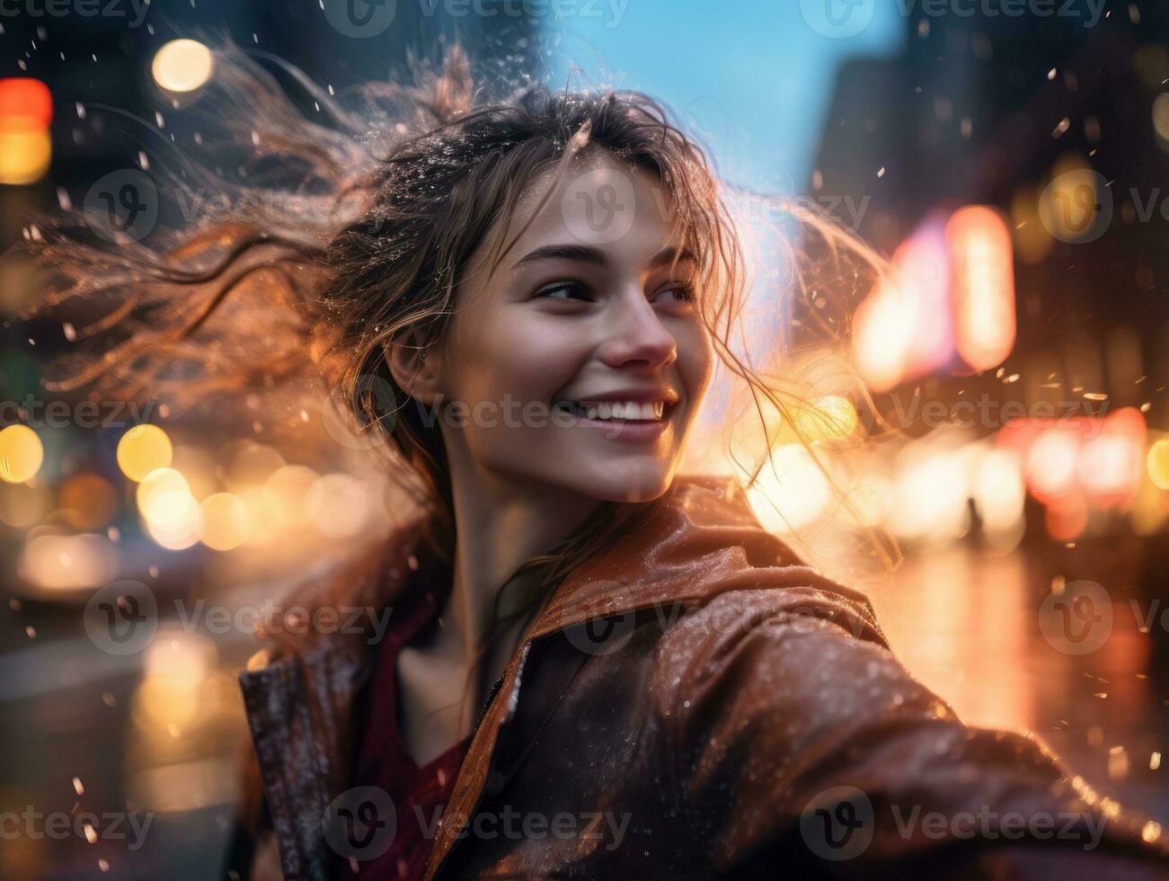 Carefree woman joyfully dances in the refreshing rain AI Generative photo