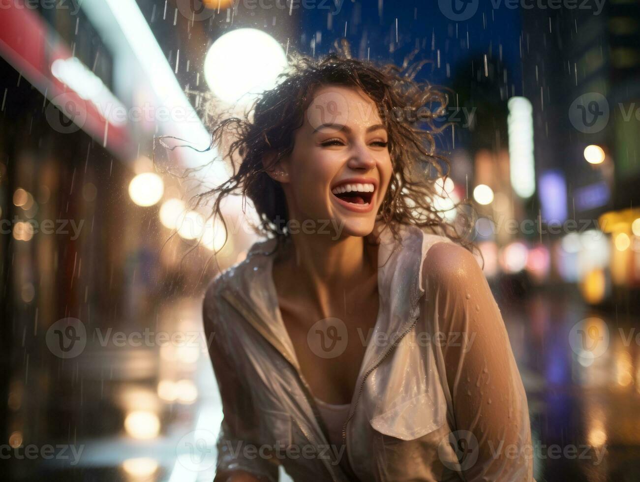 Carefree woman joyfully dances in the refreshing rain AI Generative photo