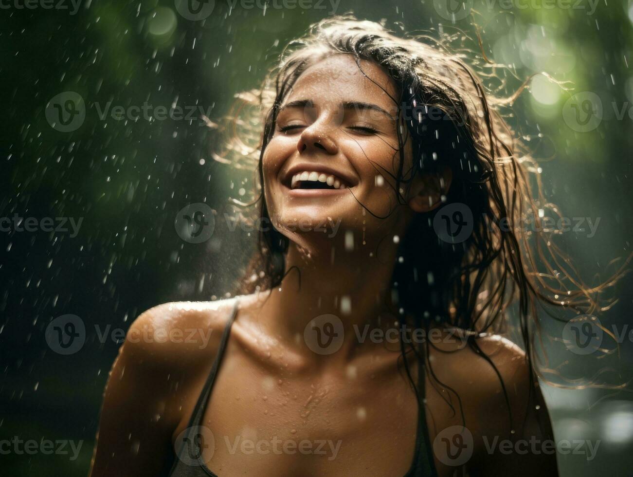 Carefree woman joyfully dances in the refreshing rain AI Generative photo