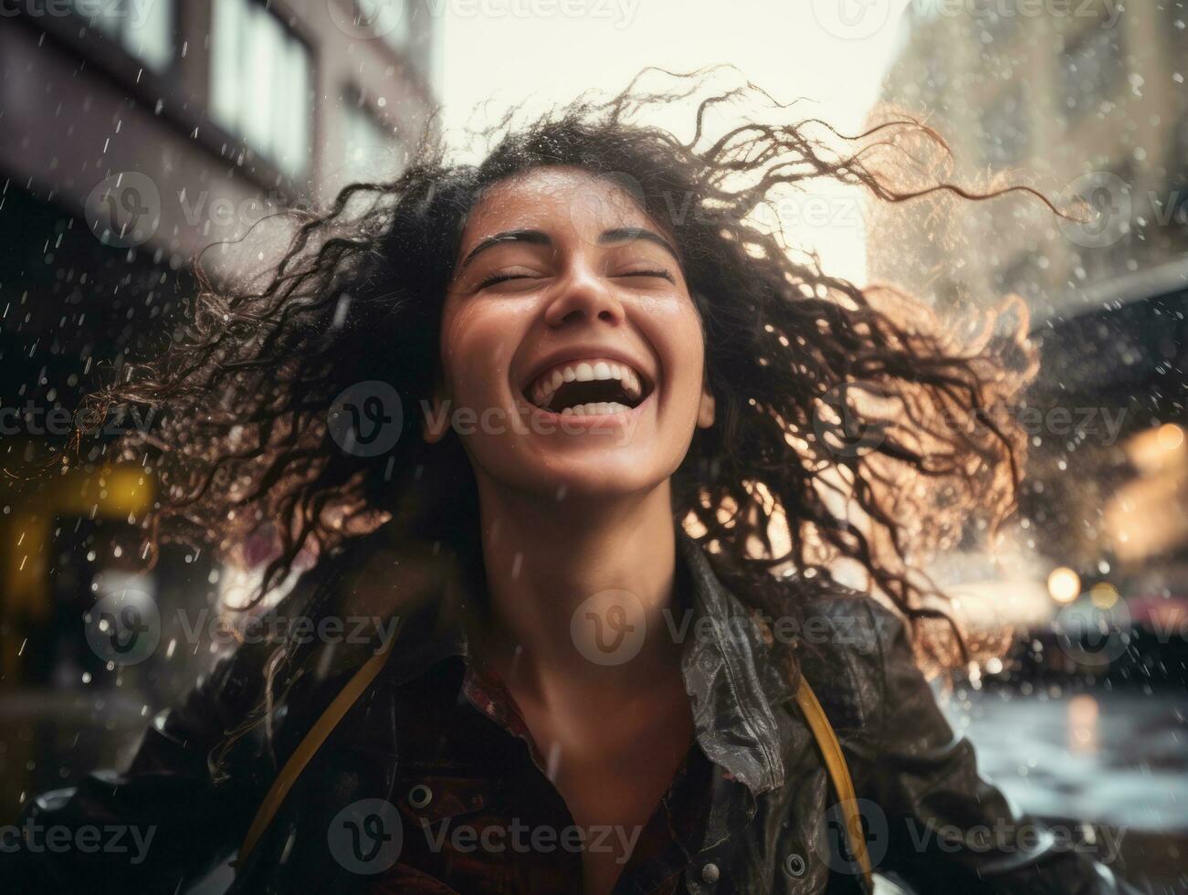 Carefree woman joyfully dances in the refreshing rain AI Generative photo