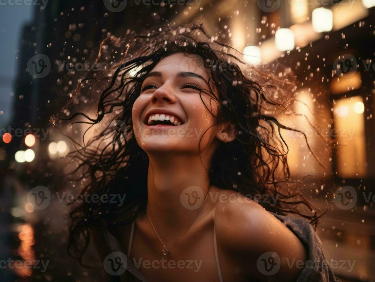 Carefree woman joyfully dances in the refreshing rain AI Generative photo