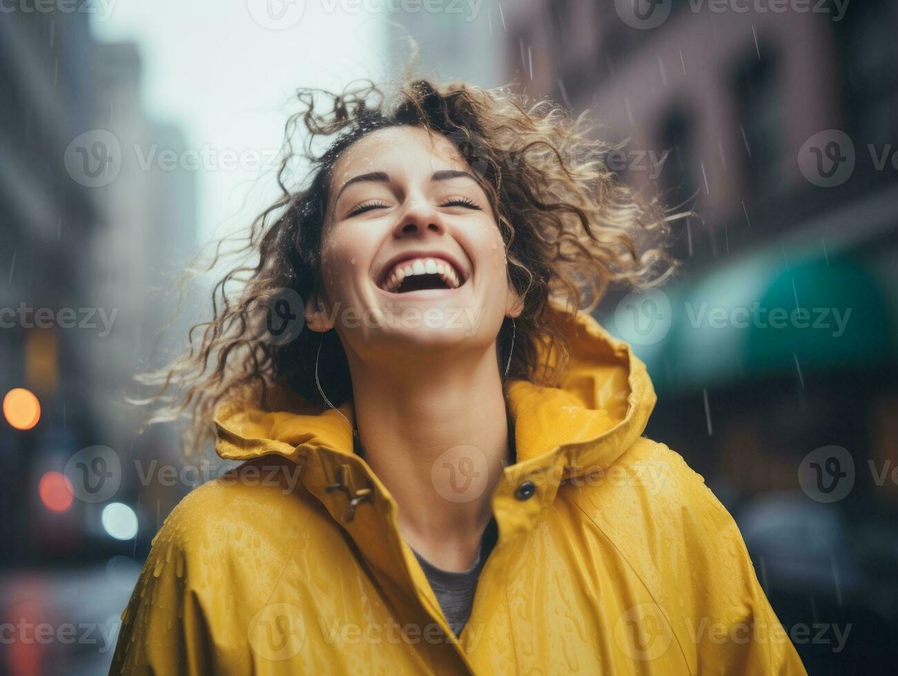 Carefree woman joyfully dances in the refreshing rain AI Generative photo