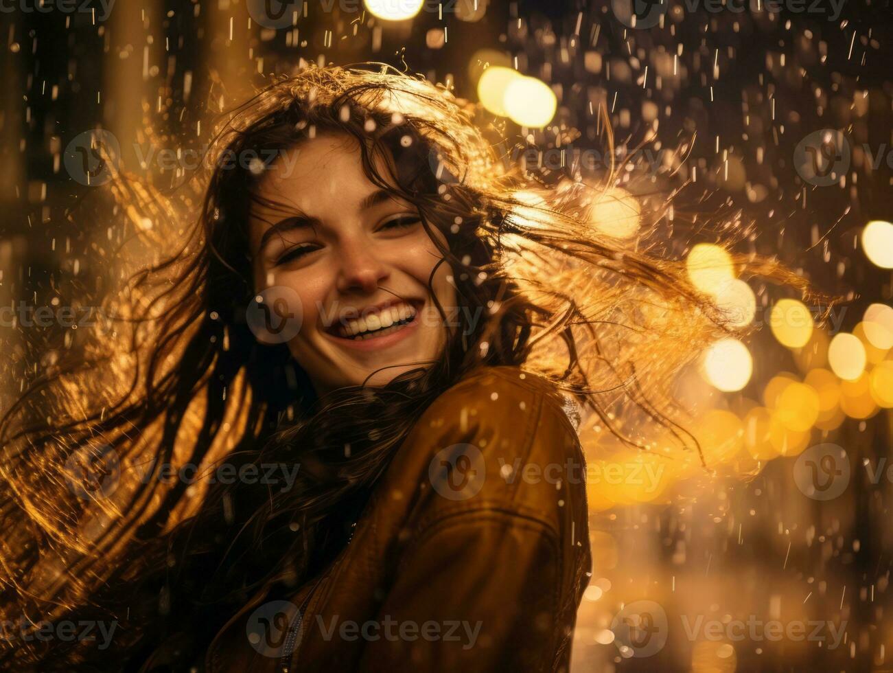 Carefree woman joyfully dances in the refreshing rain AI Generative photo