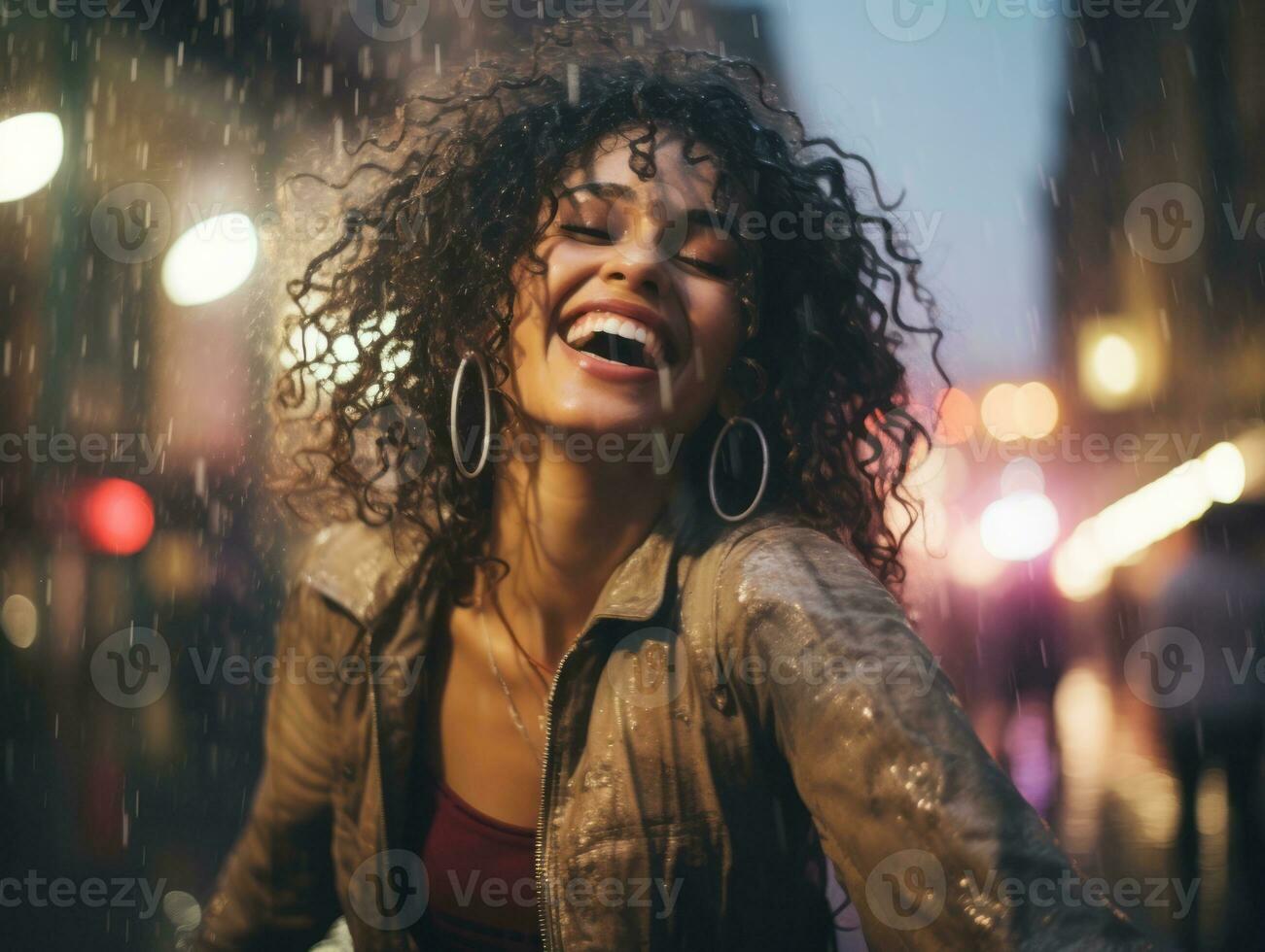Carefree woman joyfully dances in the refreshing rain AI Generative photo