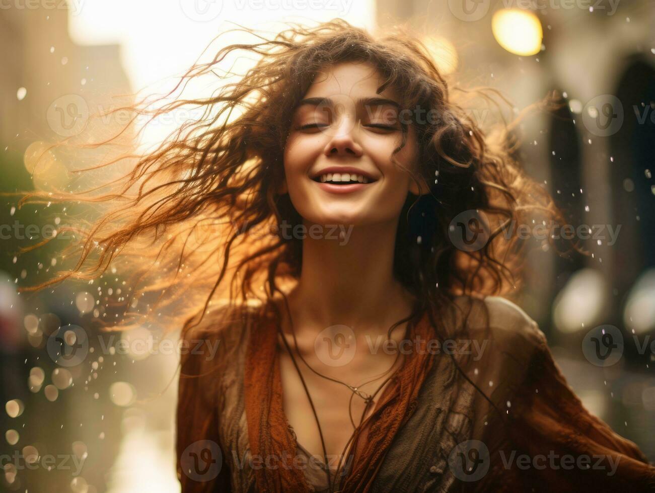 Carefree woman joyfully dances in the refreshing rain AI Generative photo