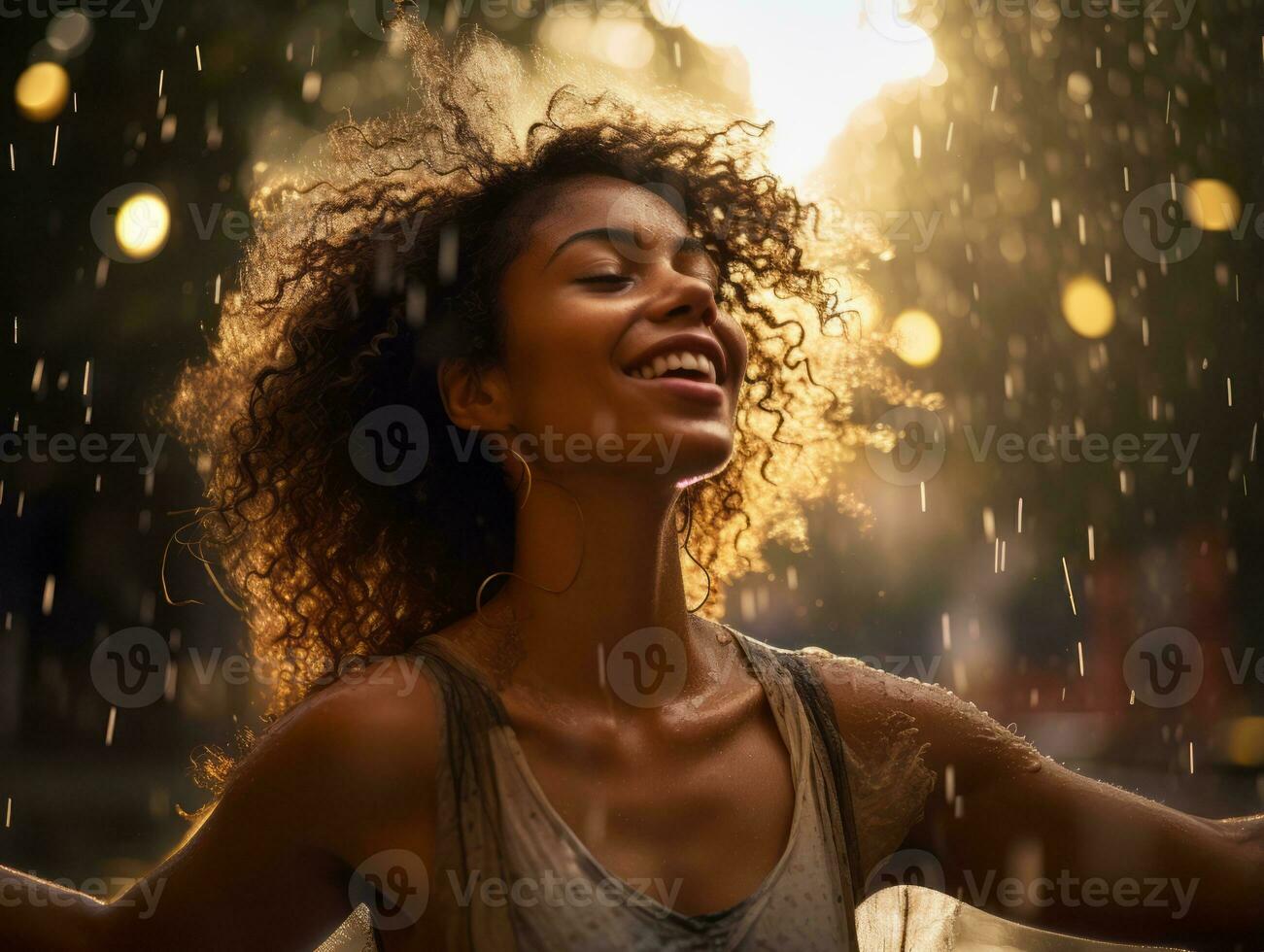 Carefree woman joyfully dances in the refreshing rain AI Generative photo