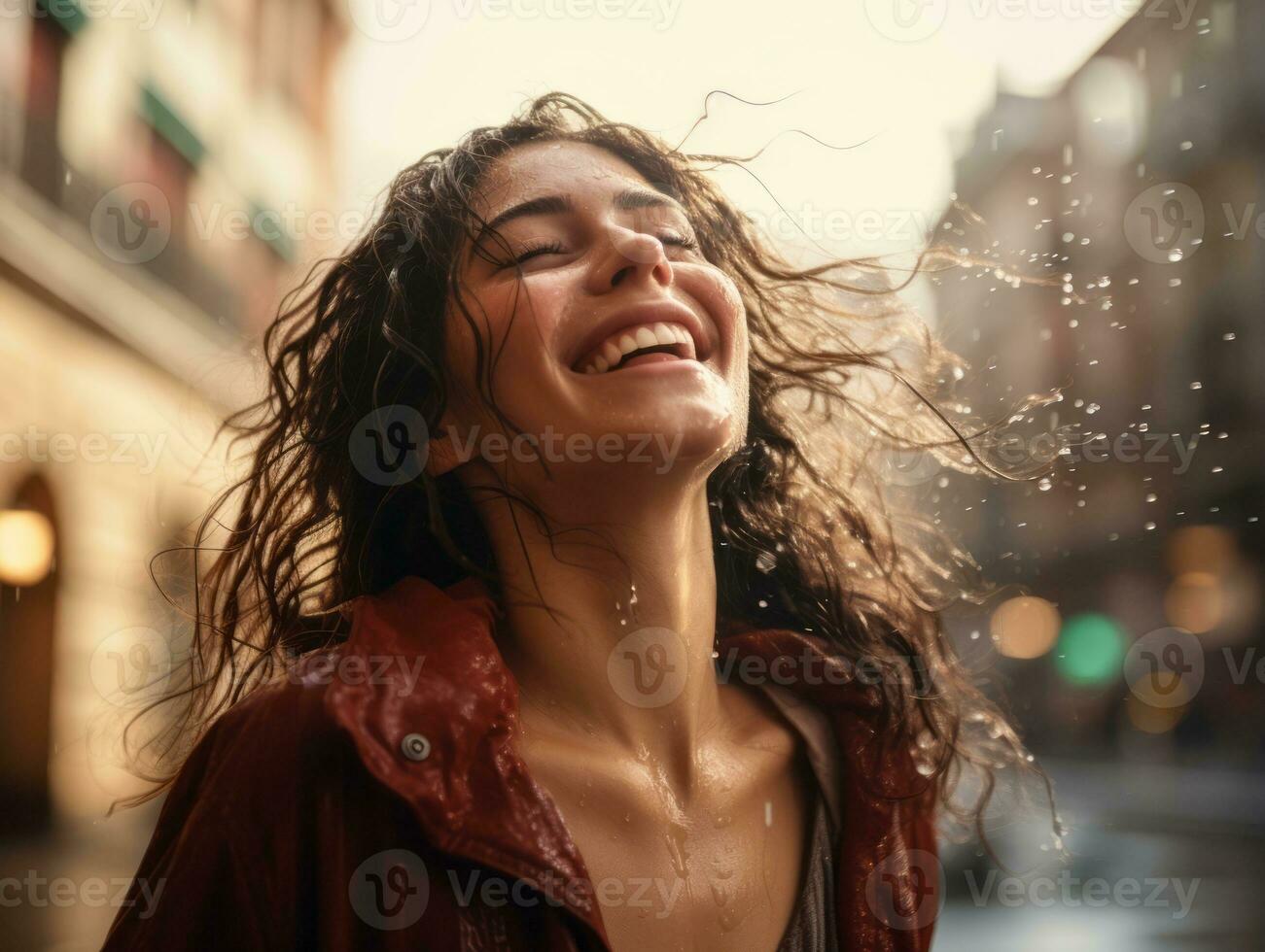 Carefree woman joyfully dances in the refreshing rain AI Generative photo