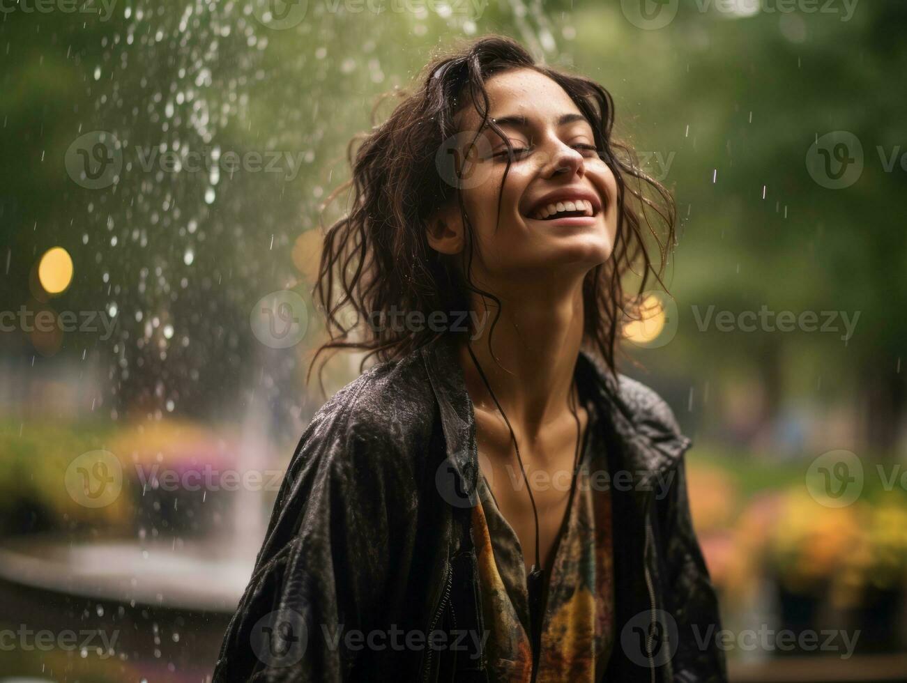 Carefree woman joyfully dances in the refreshing rain AI Generative photo