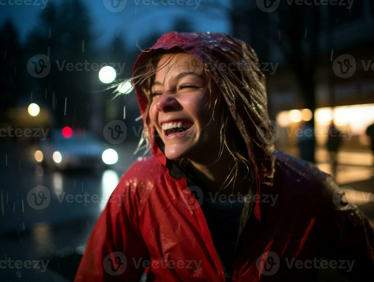 Carefree woman joyfully dances in the refreshing rain AI Generative photo