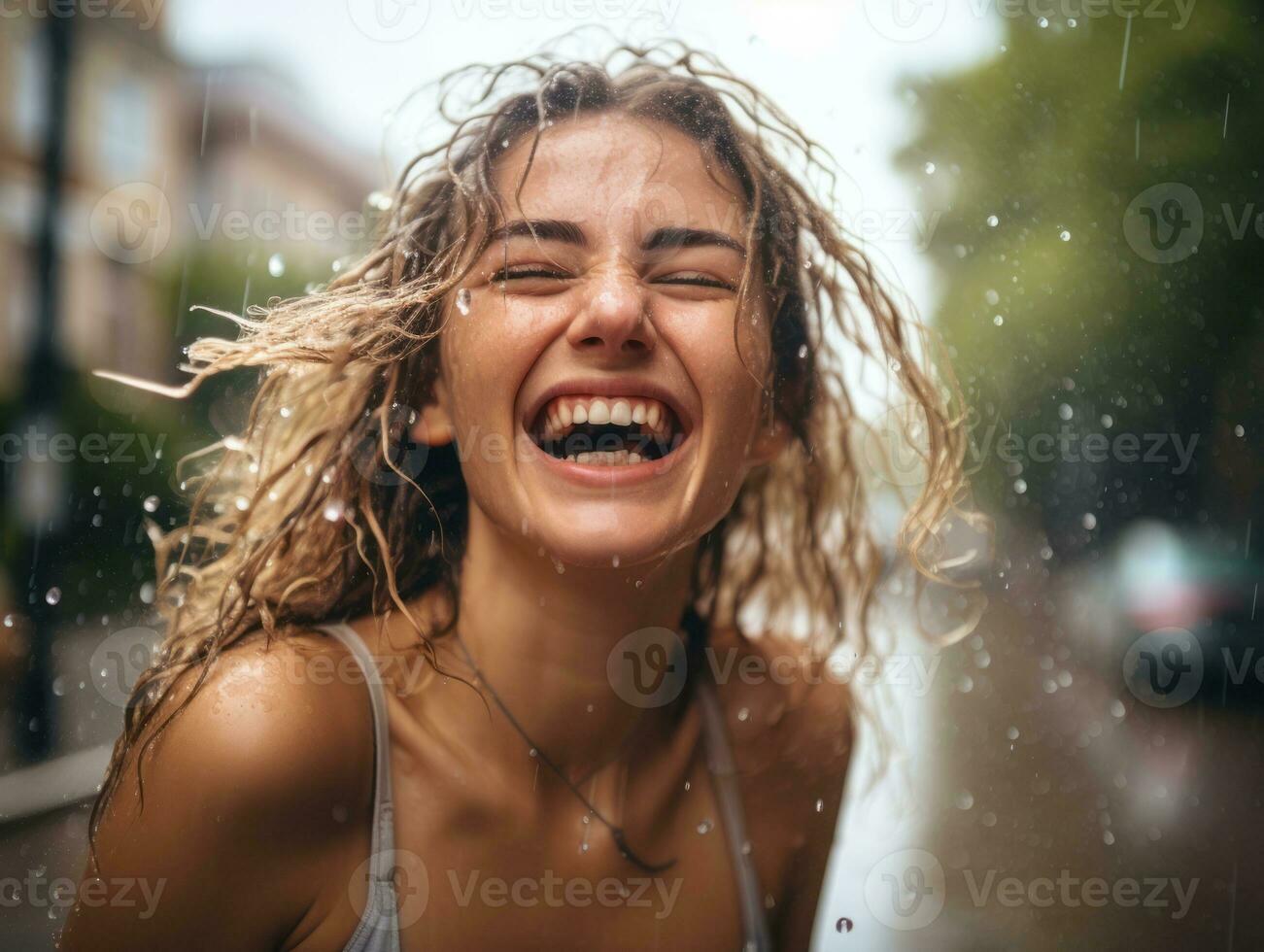 Carefree woman joyfully dances in the refreshing rain AI Generative photo
